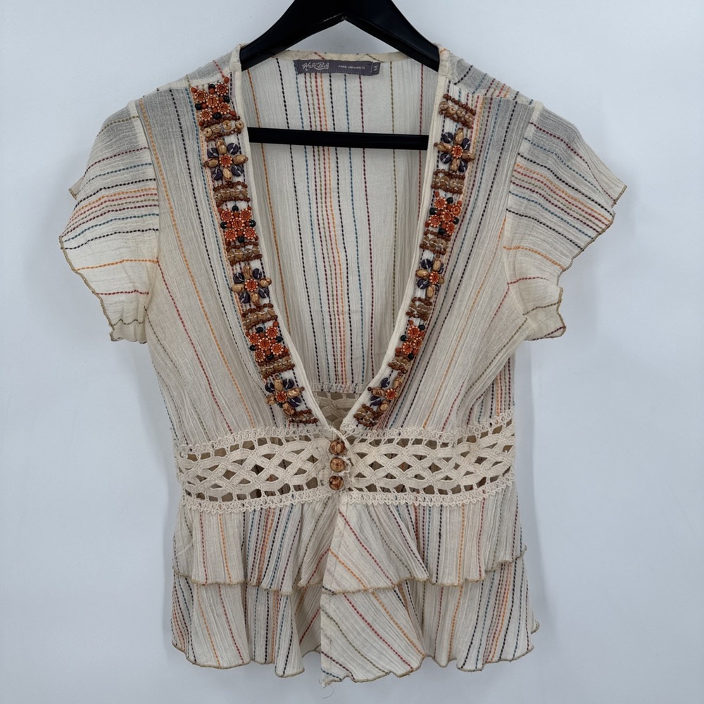 Hale Bob Cotton Boho Beaded Shirt With Lace M V-neck‎ Multi Color Stripes Sheer